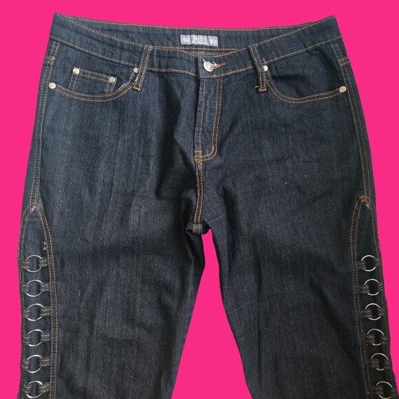 Y2K Bootcut Jeans Dark Wash metal Rings Size XL Stretch Grunge Punk 2000s - Picture 3 of 11